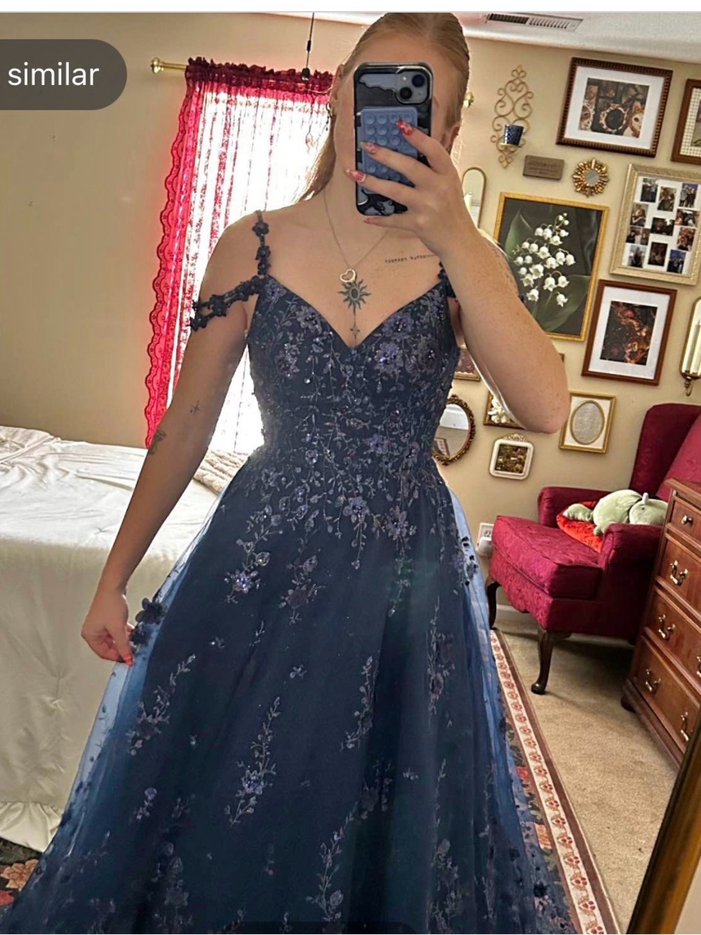 Elegant Navy Blue Embroidered Ball Gown Dress